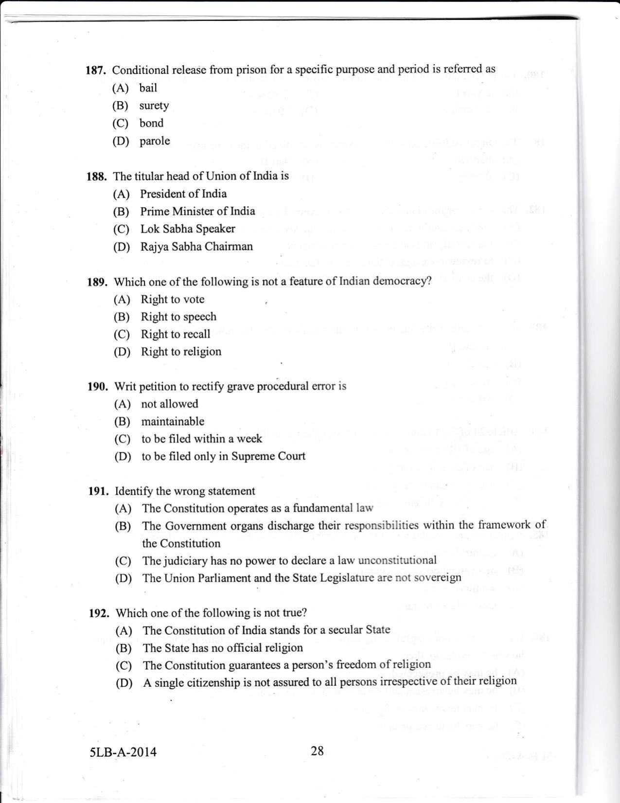 KLEE 5 Year LLB Exam 2014 Question Paper - Page 28