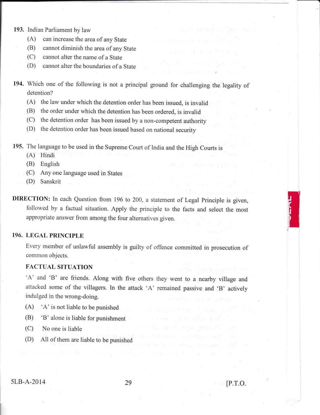 KLEE 5 Year LLB Exam 2014 Question Paper - Page 29