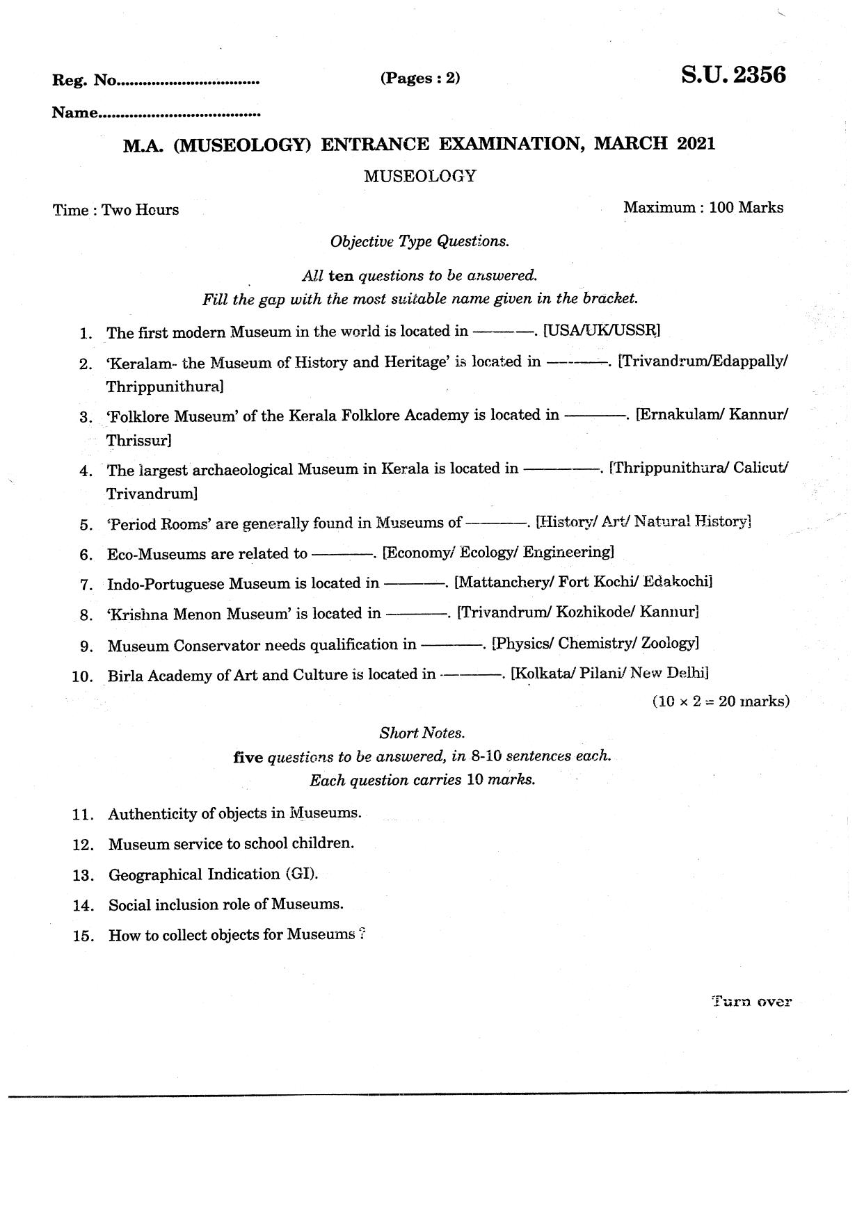 SSUS Entrance Exam Museology 2021 Question Paper - Page 1