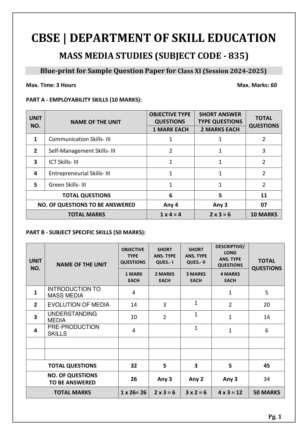 CBSE Class 11: Mass Media Studies 2025 Sample Paper - Page 1