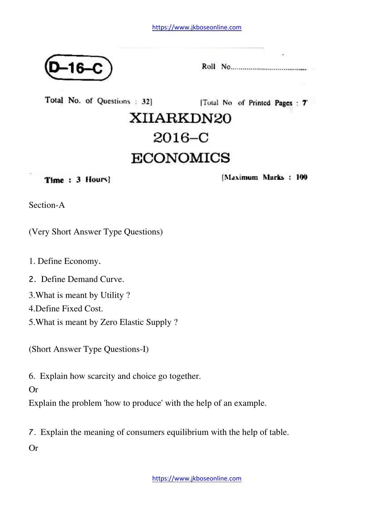 JKBOSE Class 12 Economics 2016-C Question Papers 2020 - Page 1