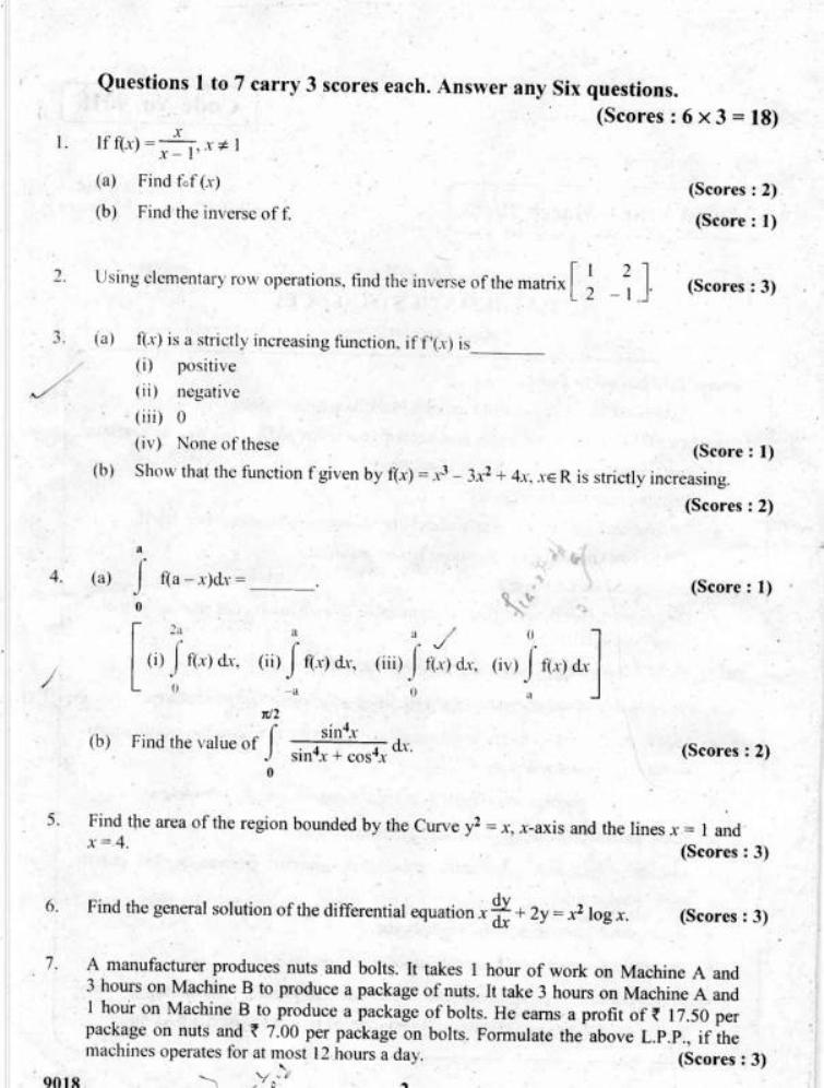 Kerala Plus Two 2018 Maths (Science) Question Paper               - Page 2