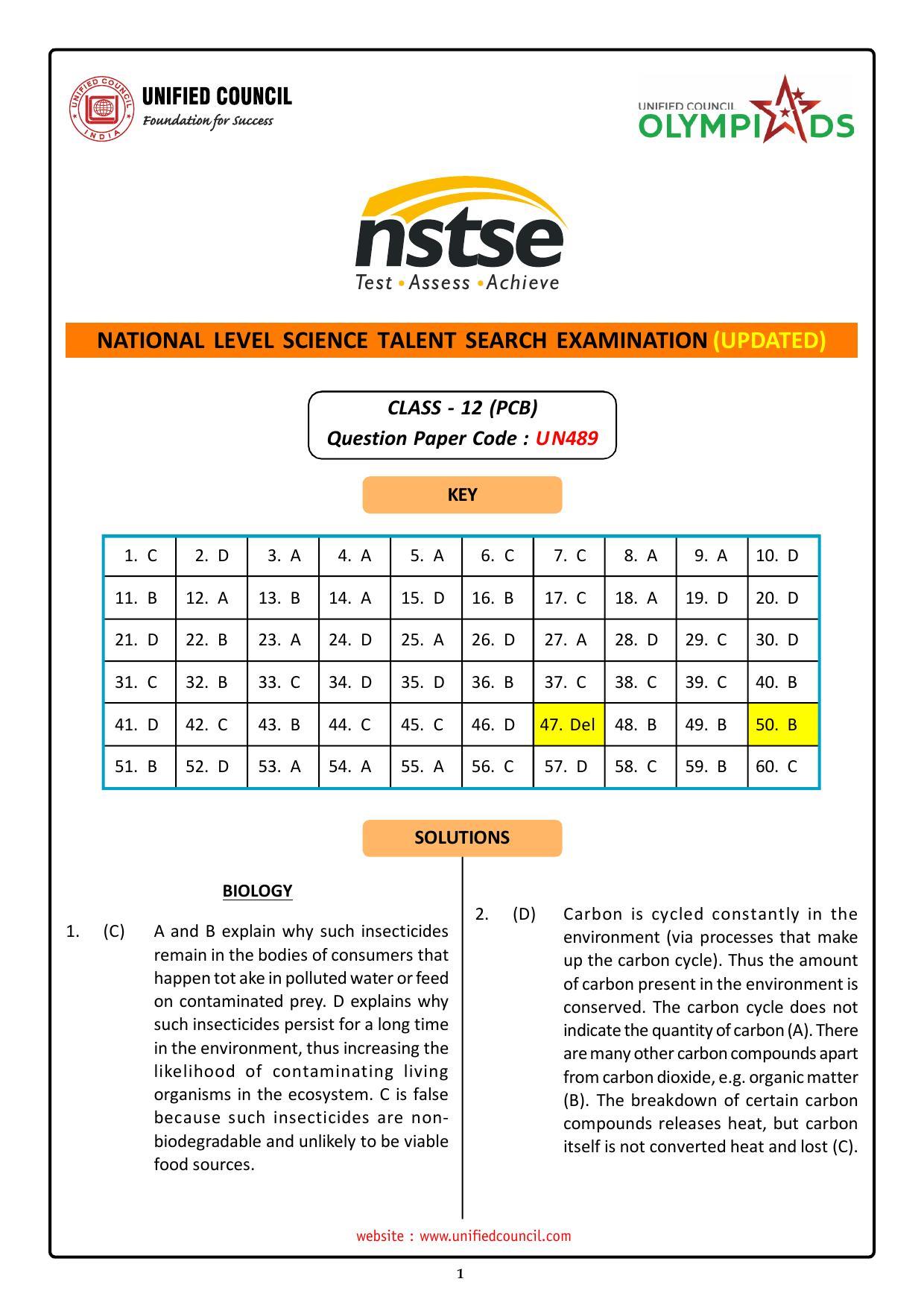 NSTSE 2023 Class 12 PCB Answer Key (Paper Code 489) - Page 1