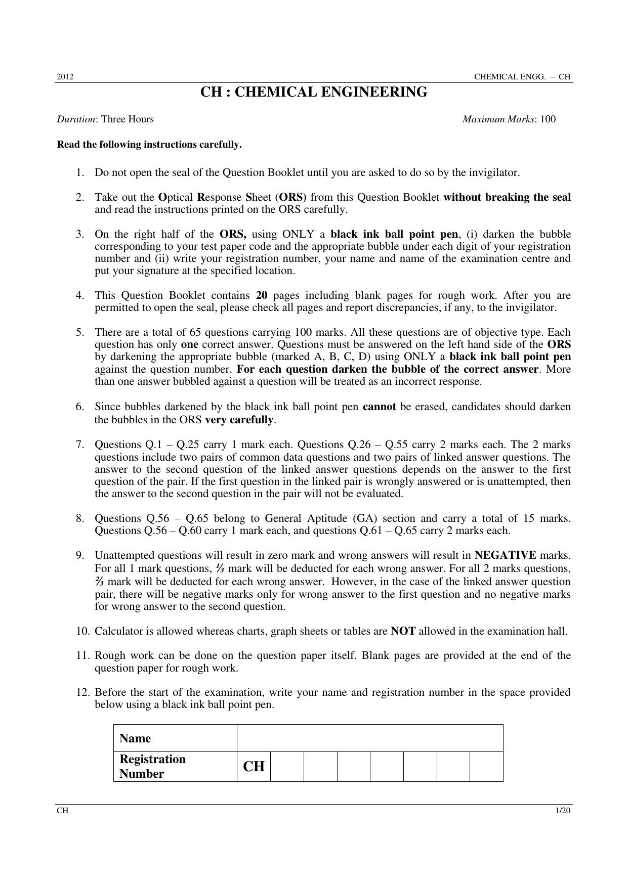 GATE 2012 Chemical Engineering (CH) Question Paper with Answer Key - Page 1