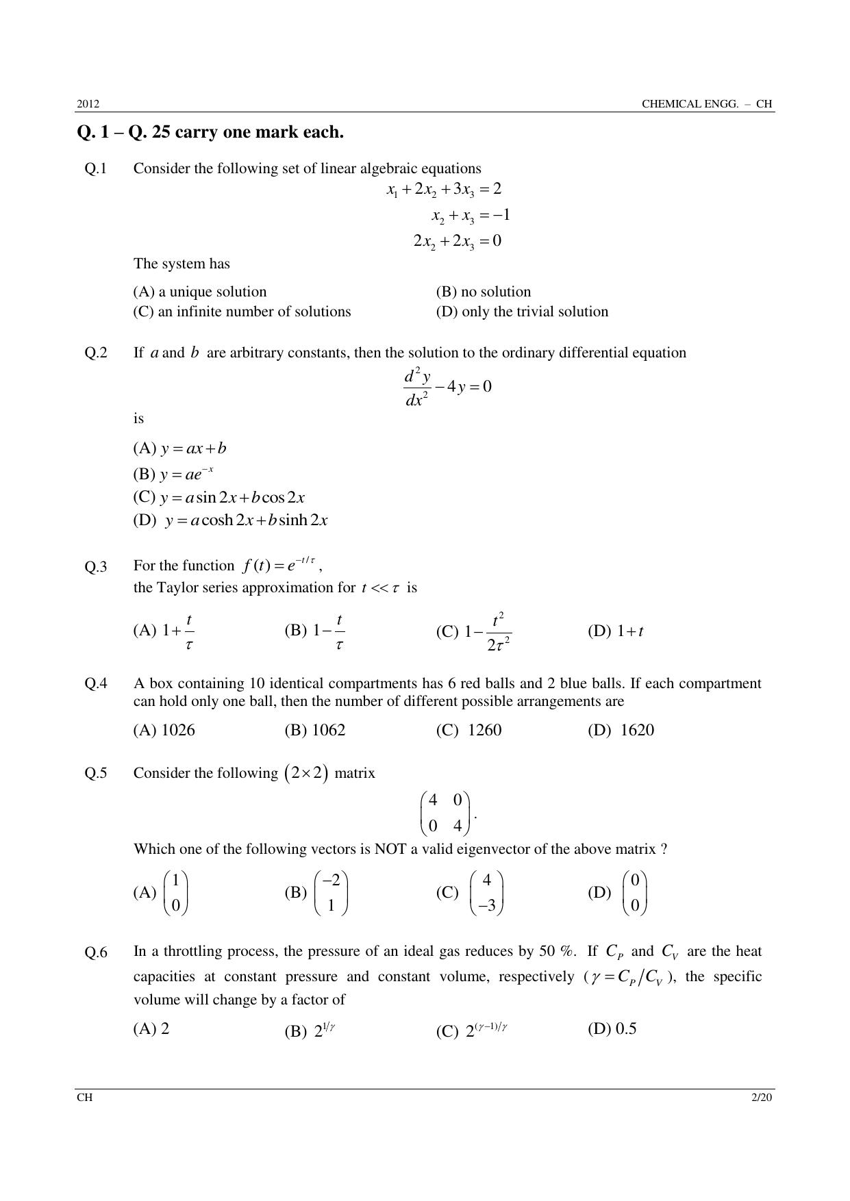 GATE 2012 Chemical Engineering (CH) Question Paper with Answer Key - Page 2