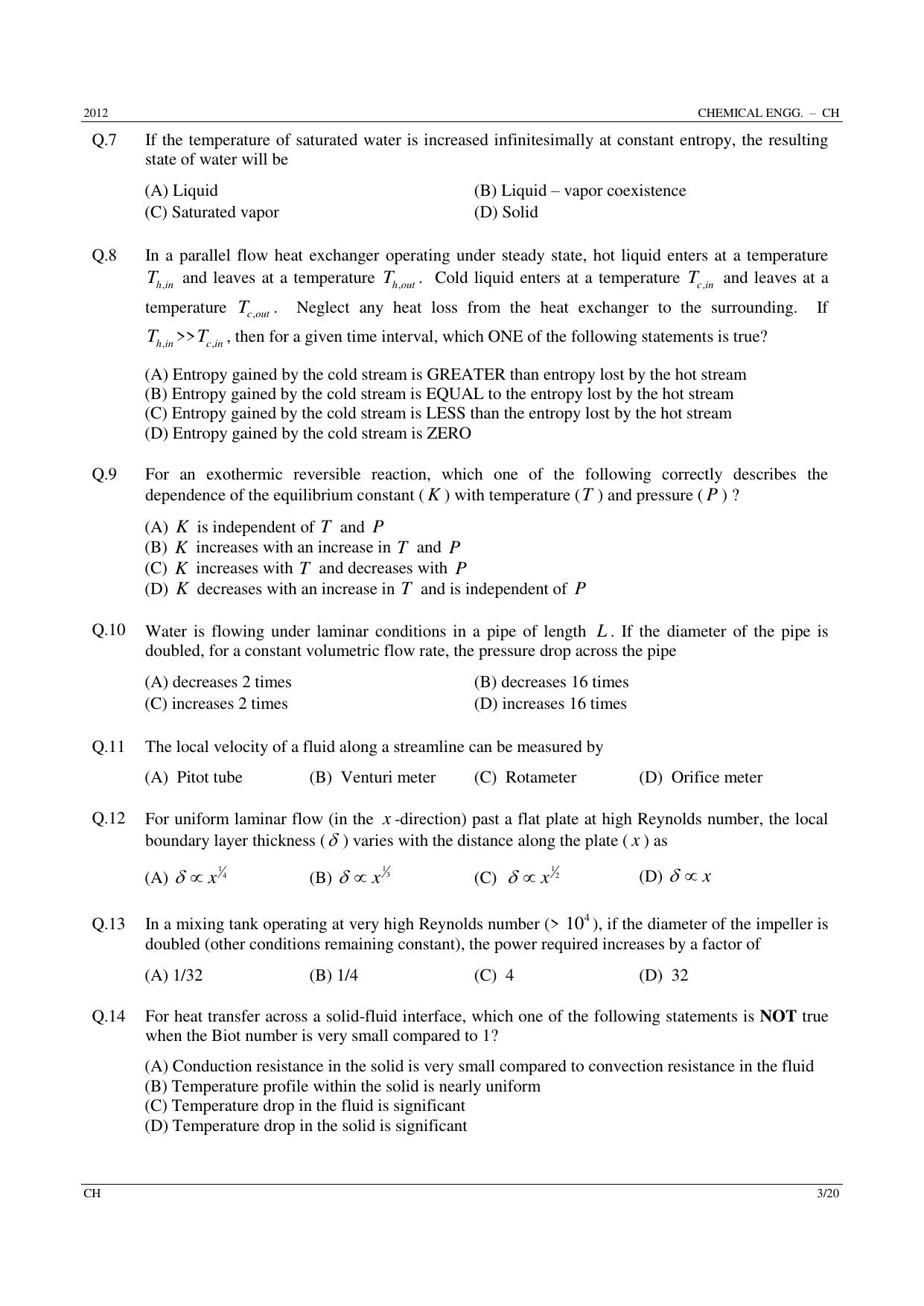 GATE 2012 Chemical Engineering (CH) Question Paper with Answer Key - Page 3