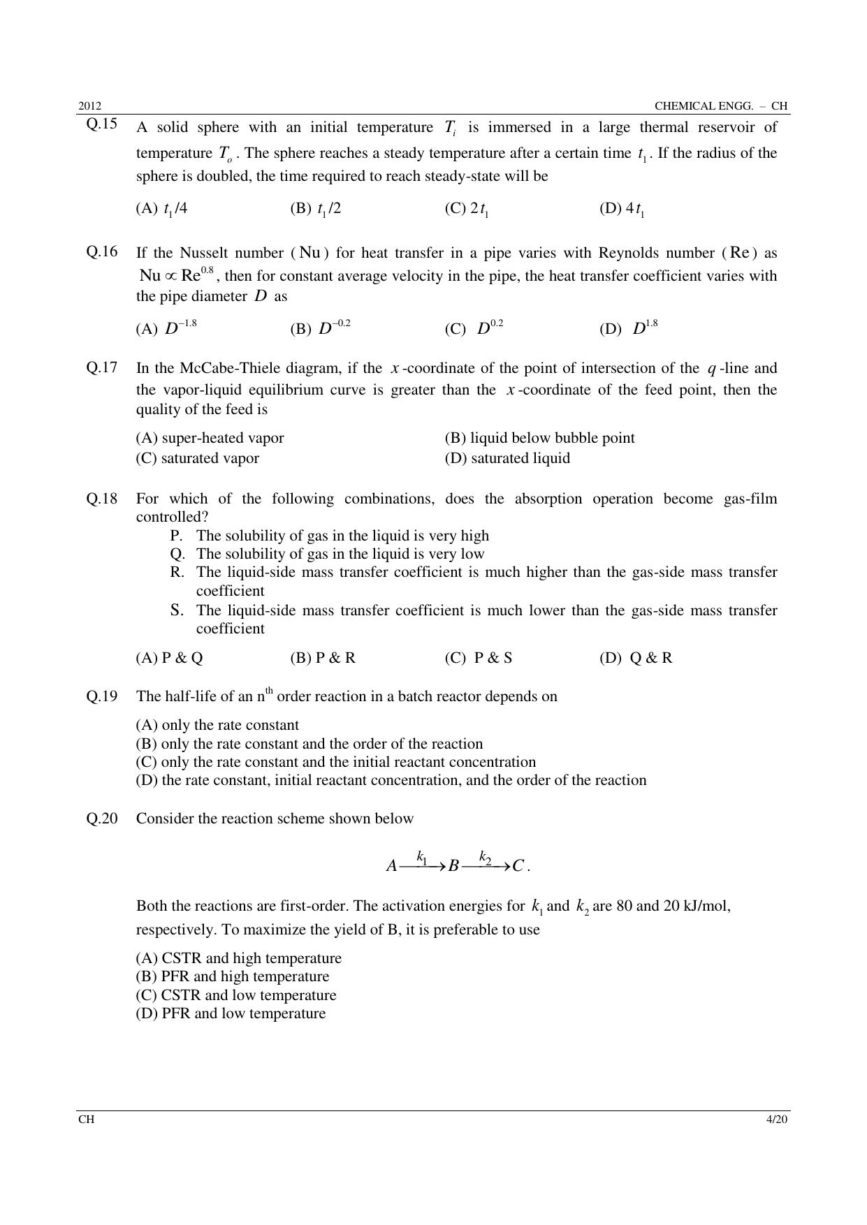 GATE 2012 Chemical Engineering (CH) Question Paper with Answer Key - Page 4