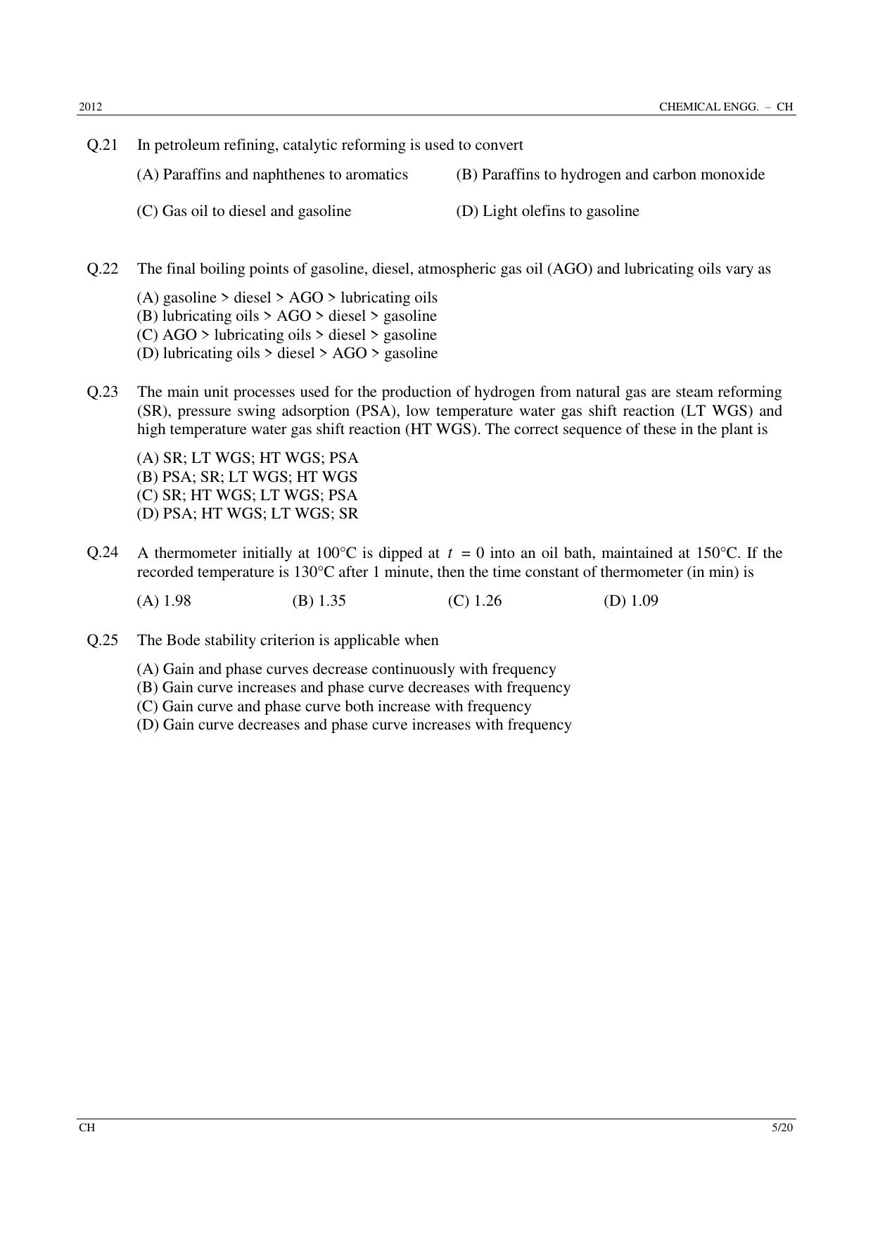 GATE 2012 Chemical Engineering (CH) Question Paper with Answer Key - Page 5