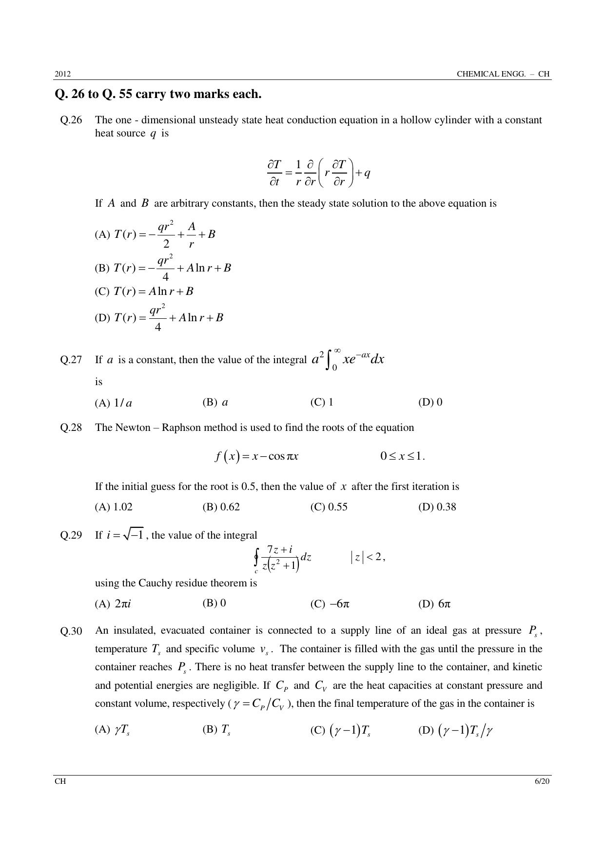 GATE 2012 Chemical Engineering (CH) Question Paper with Answer Key - Page 6