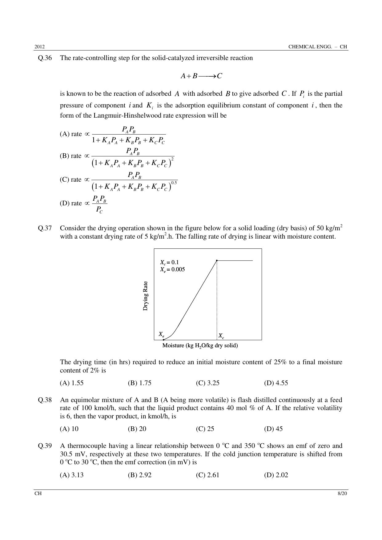 GATE 2012 Chemical Engineering (CH) Question Paper with Answer Key - Page 8