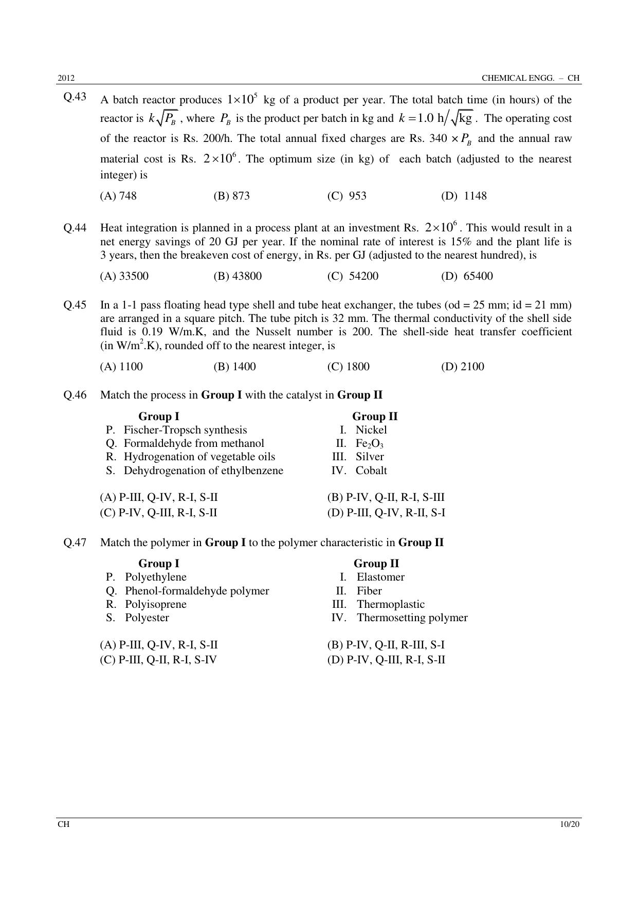 GATE 2012 Chemical Engineering (CH) Question Paper with Answer Key - Page 10