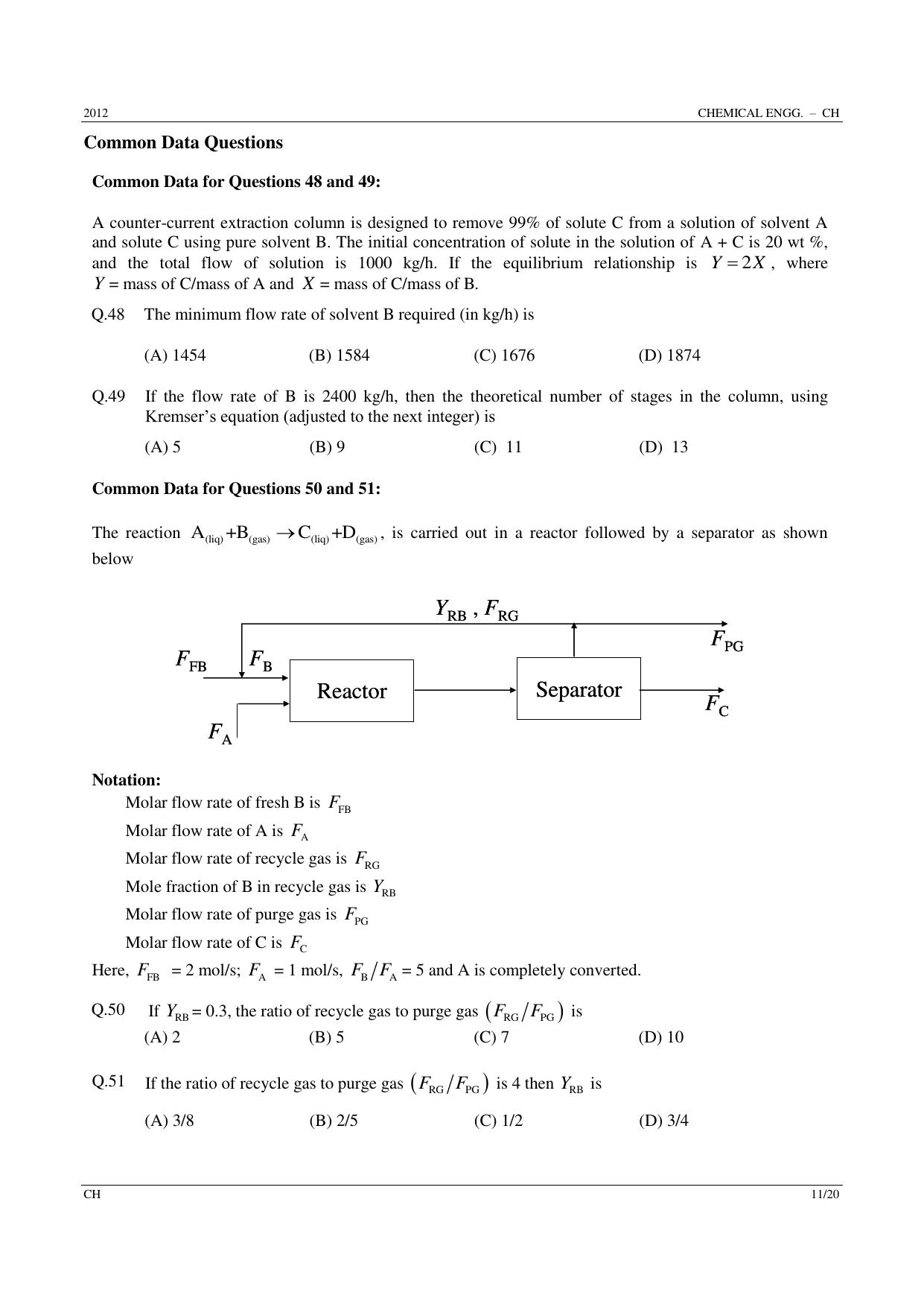 GATE 2012 Chemical Engineering (CH) Question Paper with Answer Key - Page 11
