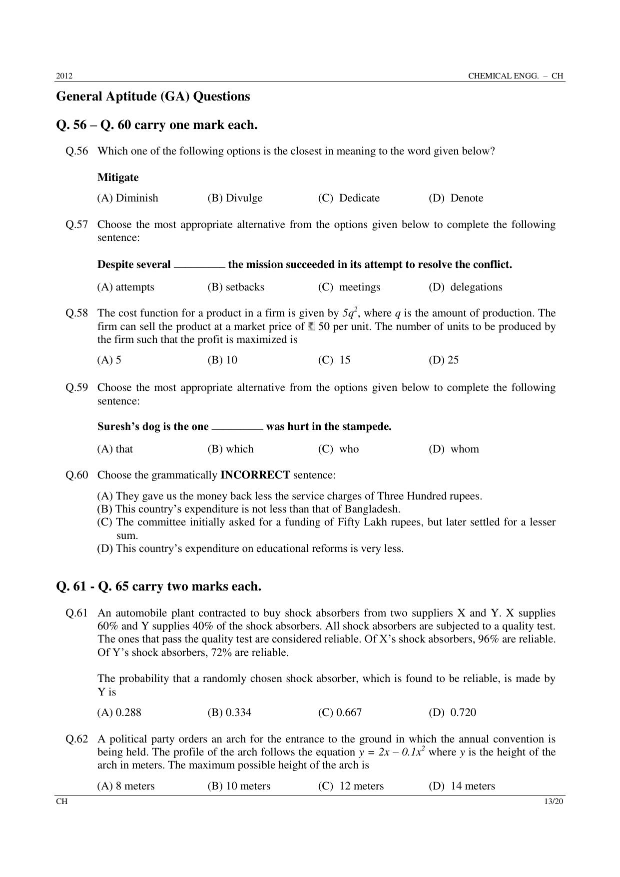 GATE 2012 Chemical Engineering (CH) Question Paper with Answer Key - Page 13