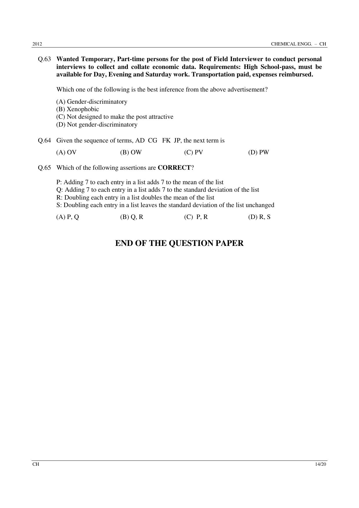 GATE 2012 Chemical Engineering (CH) Question Paper with Answer Key - Page 14
