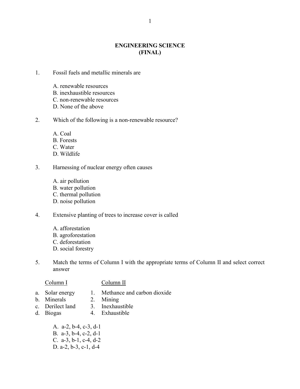 CUSAT CAT 2016 Engineering Sc. Question Paper - Page 1