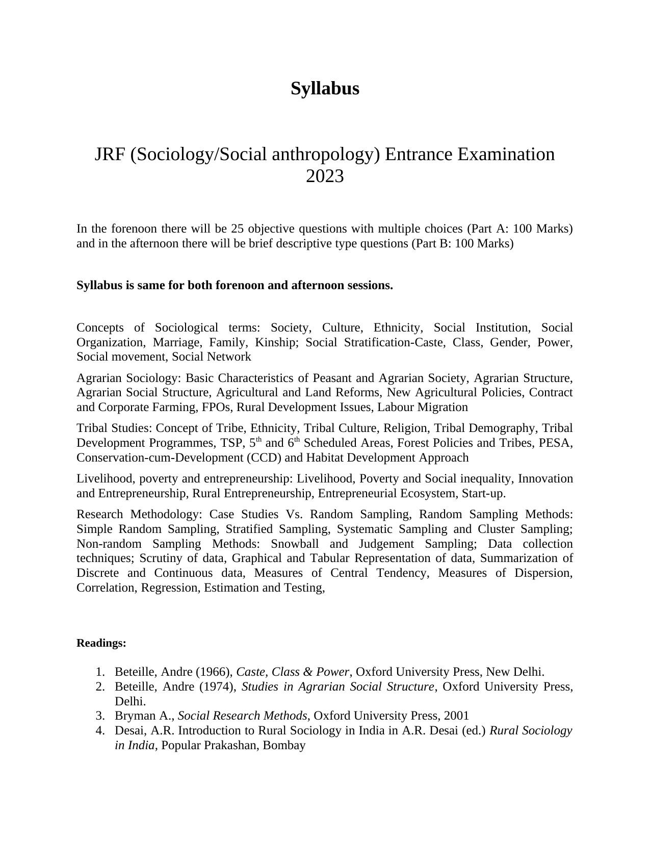 ISI Admission Test JRF in Sociology/Social anthropology Syllabus - Page 1
