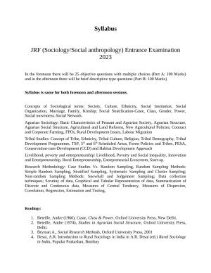 ISI Admission Test JRF in Sociology/Social anthropology Syllabus