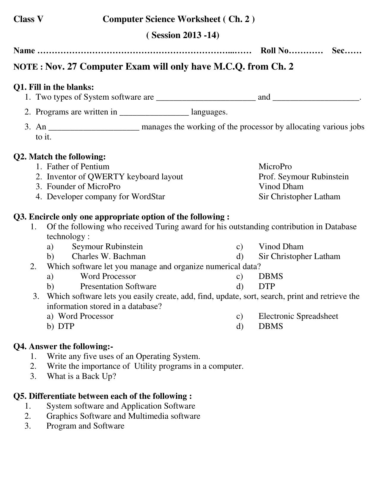 Worksheet for Class 5 Computer Science Assignment 2 - Page 1