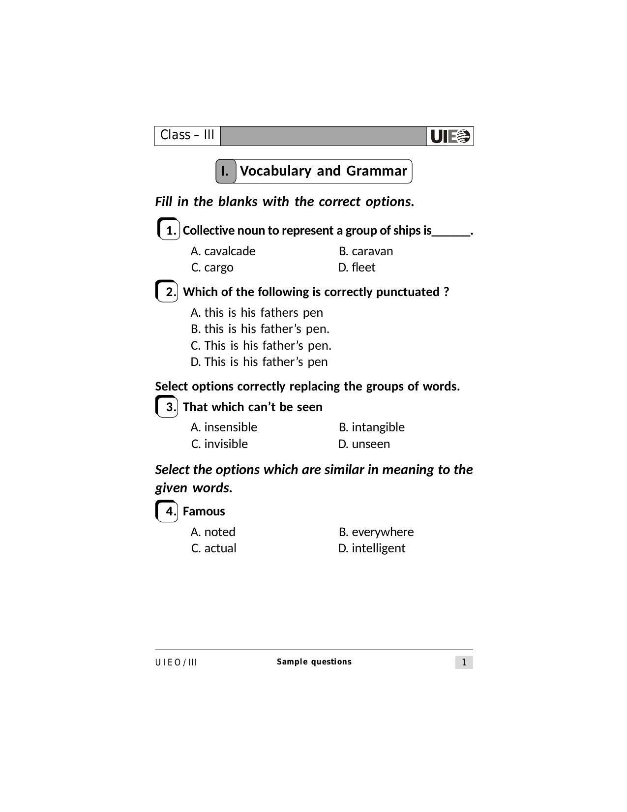 UIEO Sample Paper for Class 3 - Page 1