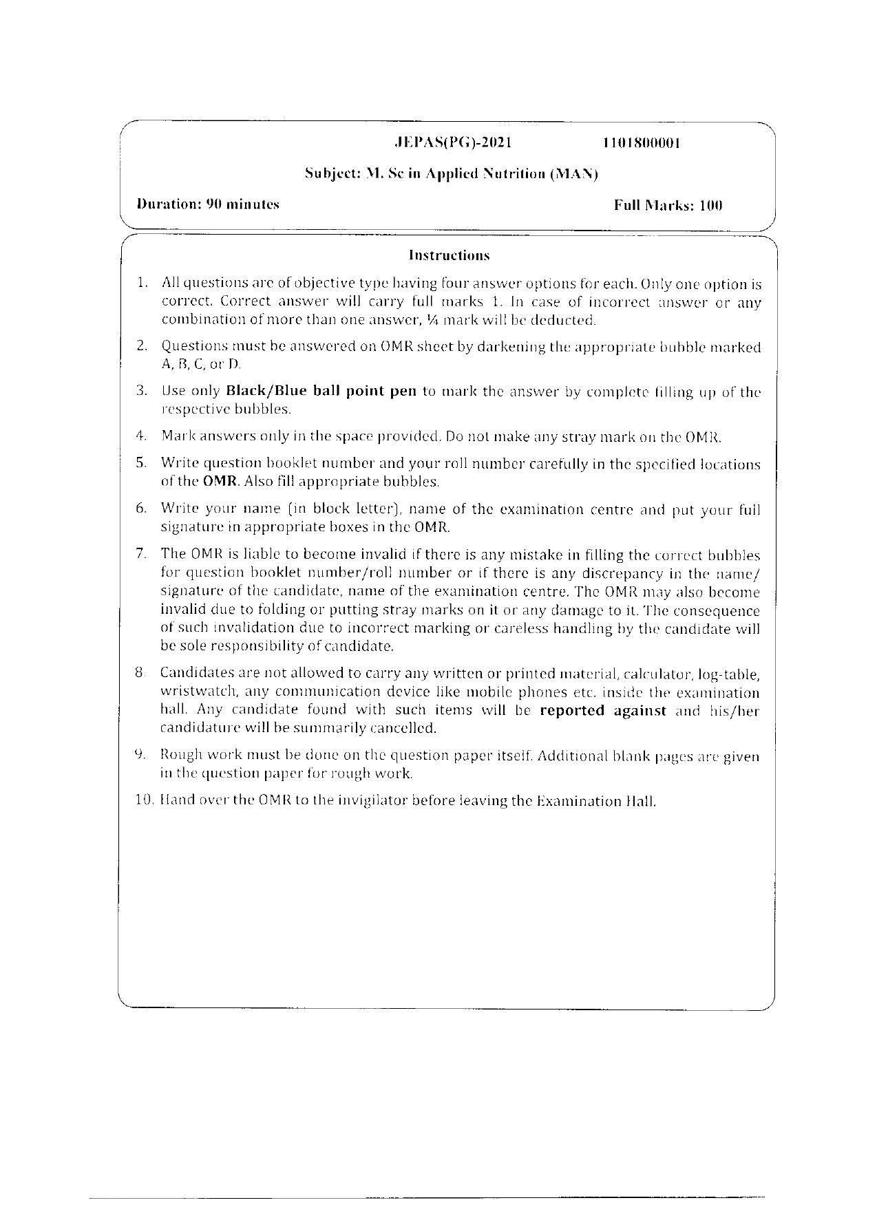 WBJEEB JEMAS (PG) 2021 MAN Question Paper - Page 1