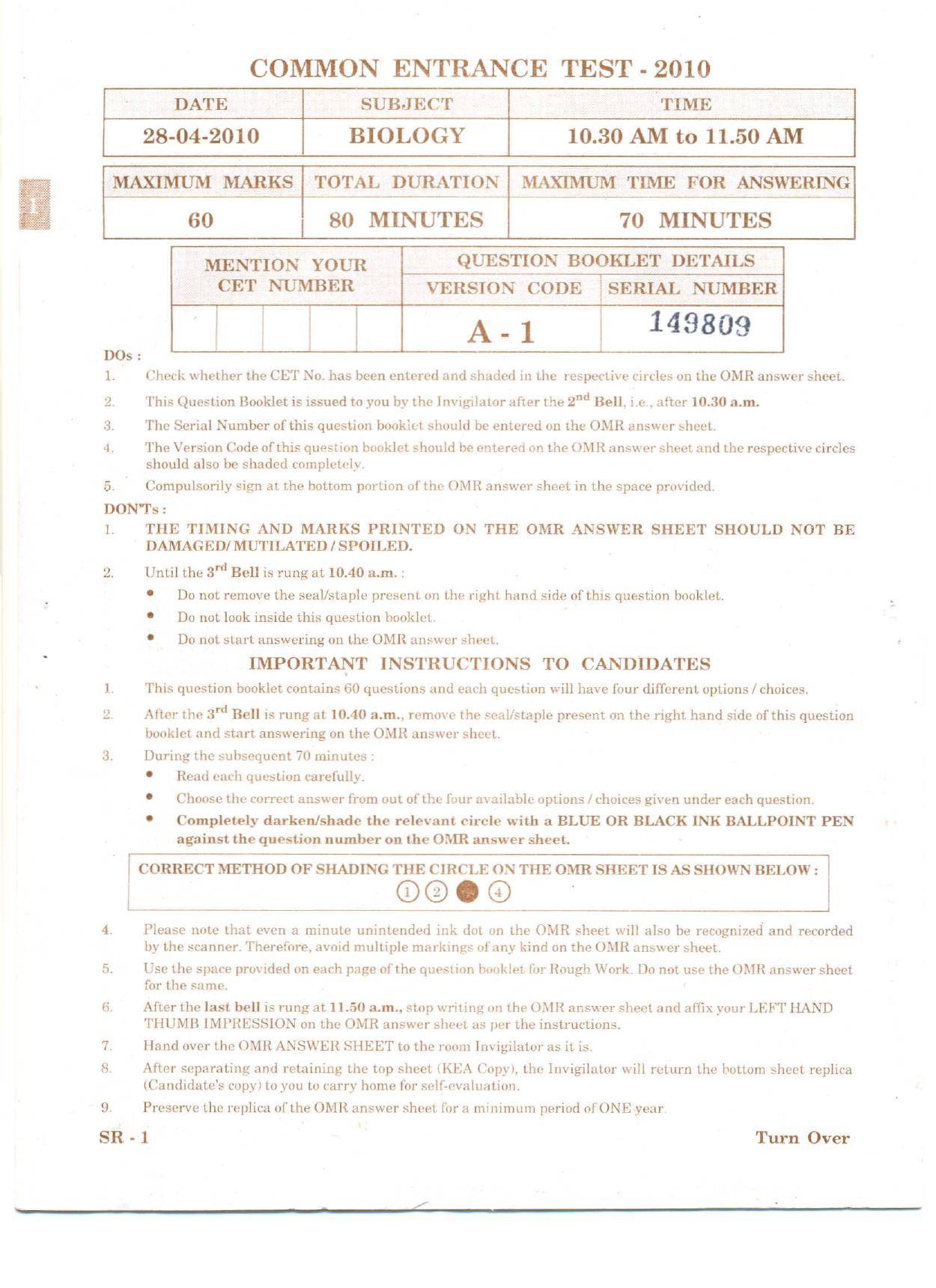 KCET Biology 2010 Question Papers - Page 1