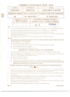 KCET Biology 2010 Question Papers