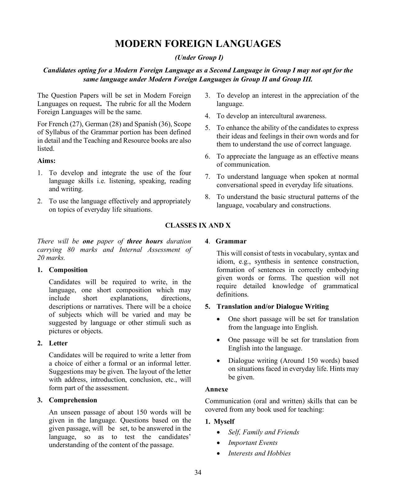 ICSE Modern Foreign Languages Syllabus 2025 - Page 1
