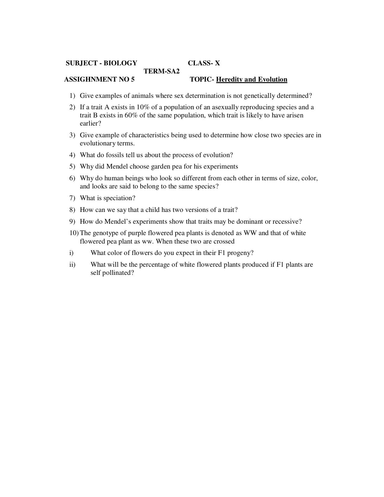 CBSE Worksheets for Class 10 Biology Assignment 13 - Page 1