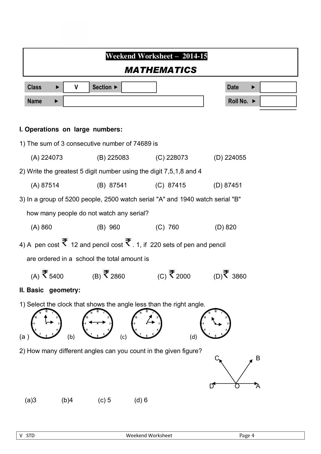 Worksheet for Class 5 Maths Assignment 10 - Page 1