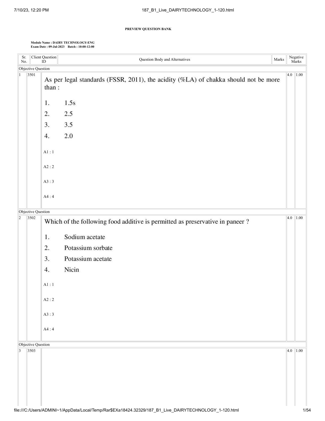 ICAR AIEEA PG 2023 DAIRY TECHNOLOGY Question Paper - Page 1
