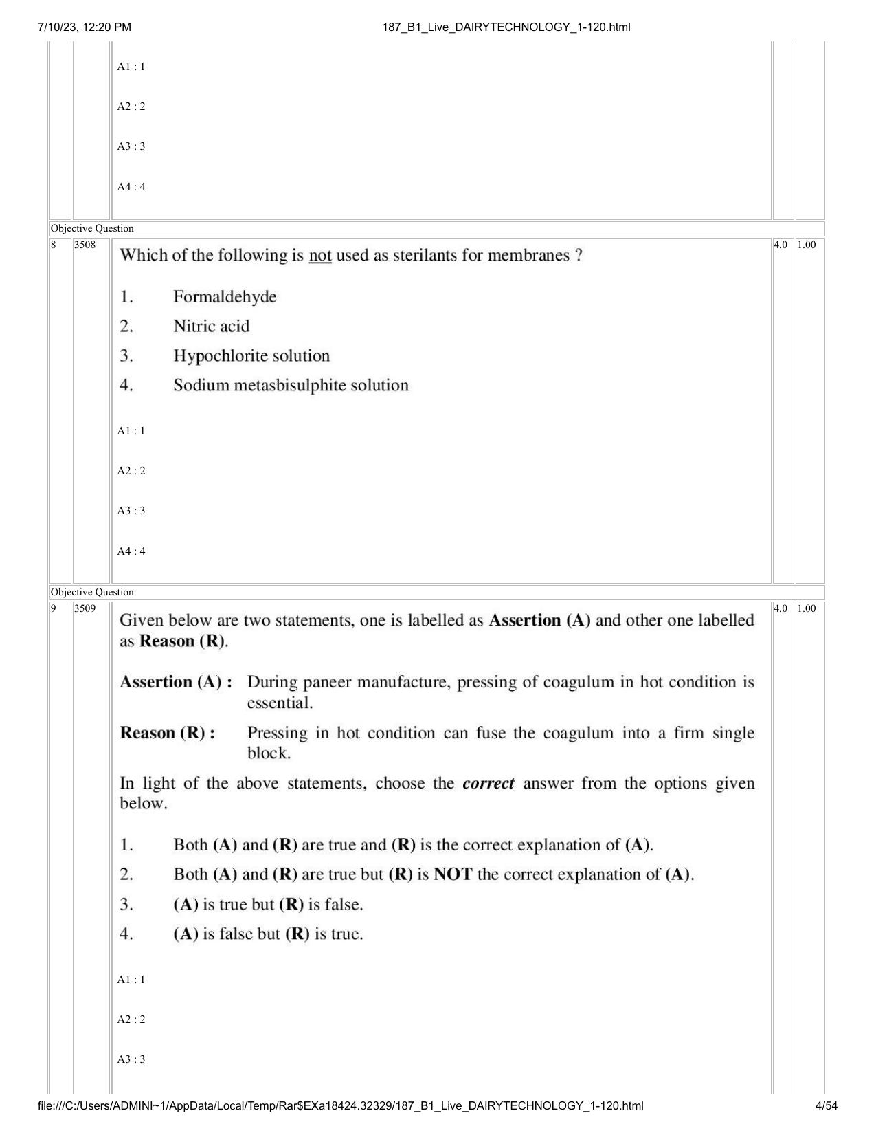ICAR AIEEA PG 2023 DAIRY TECHNOLOGY Question Paper - Page 4