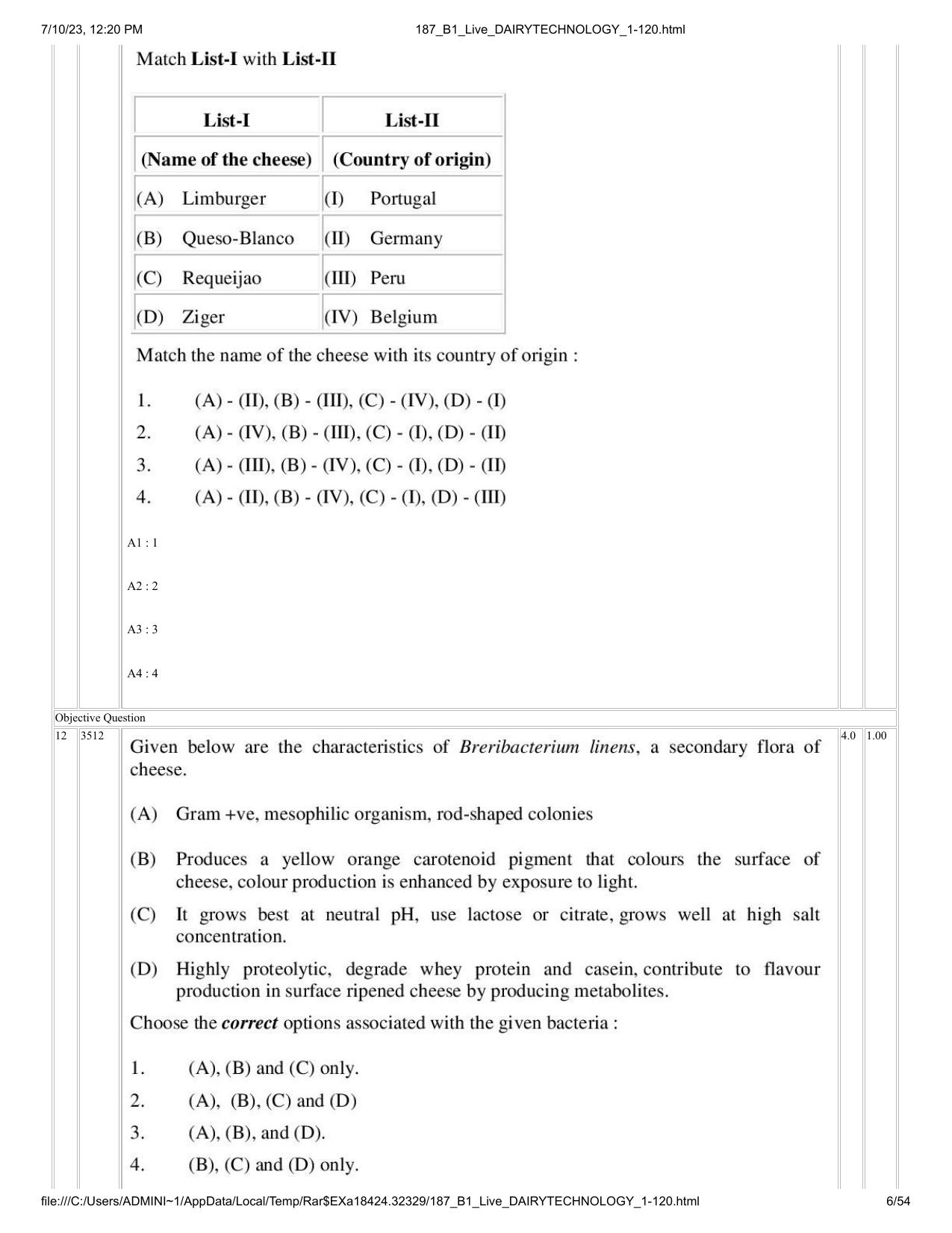ICAR AIEEA PG 2023 DAIRY TECHNOLOGY Question Paper - Page 6