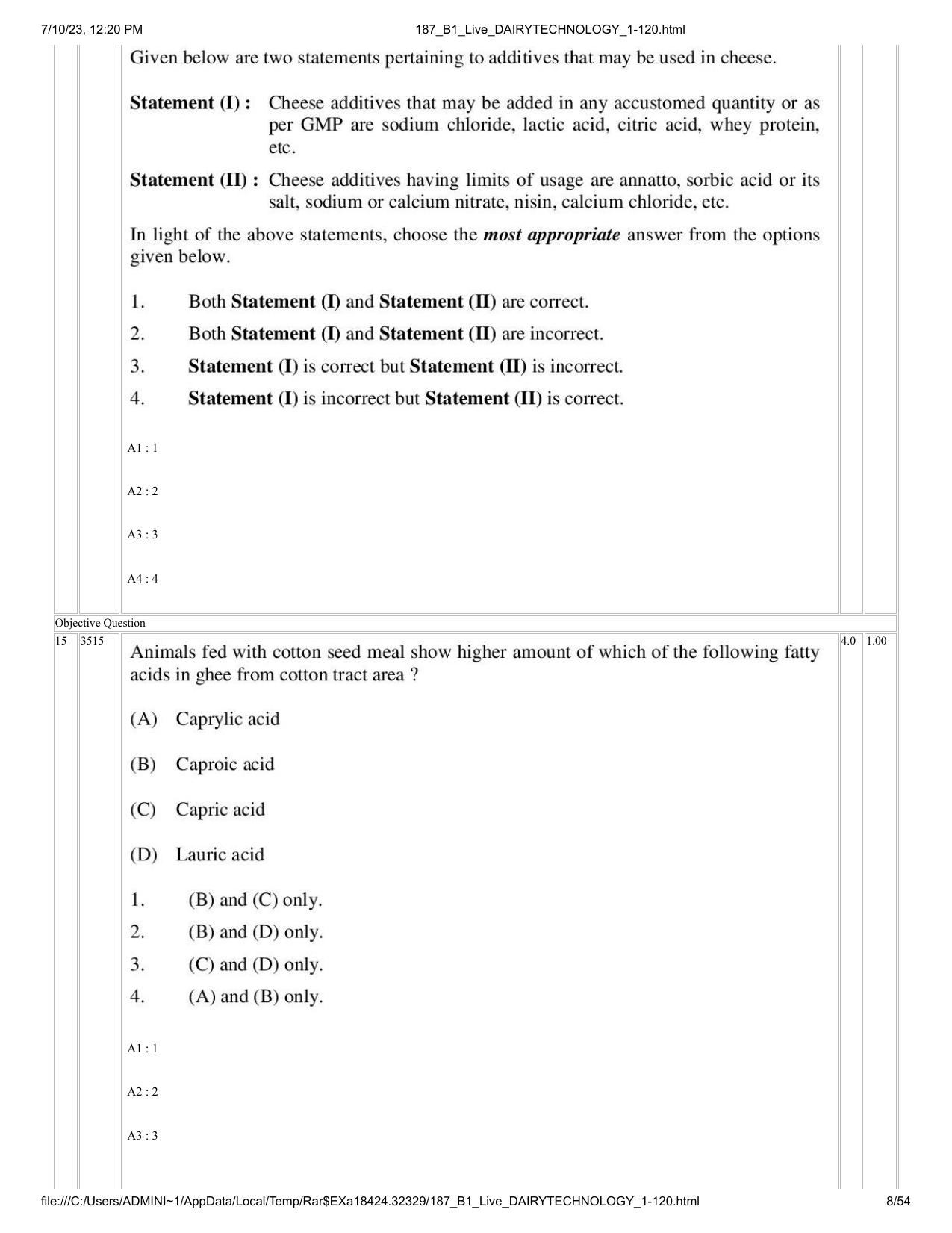 ICAR AIEEA PG 2023 DAIRY TECHNOLOGY Question Paper - Page 8