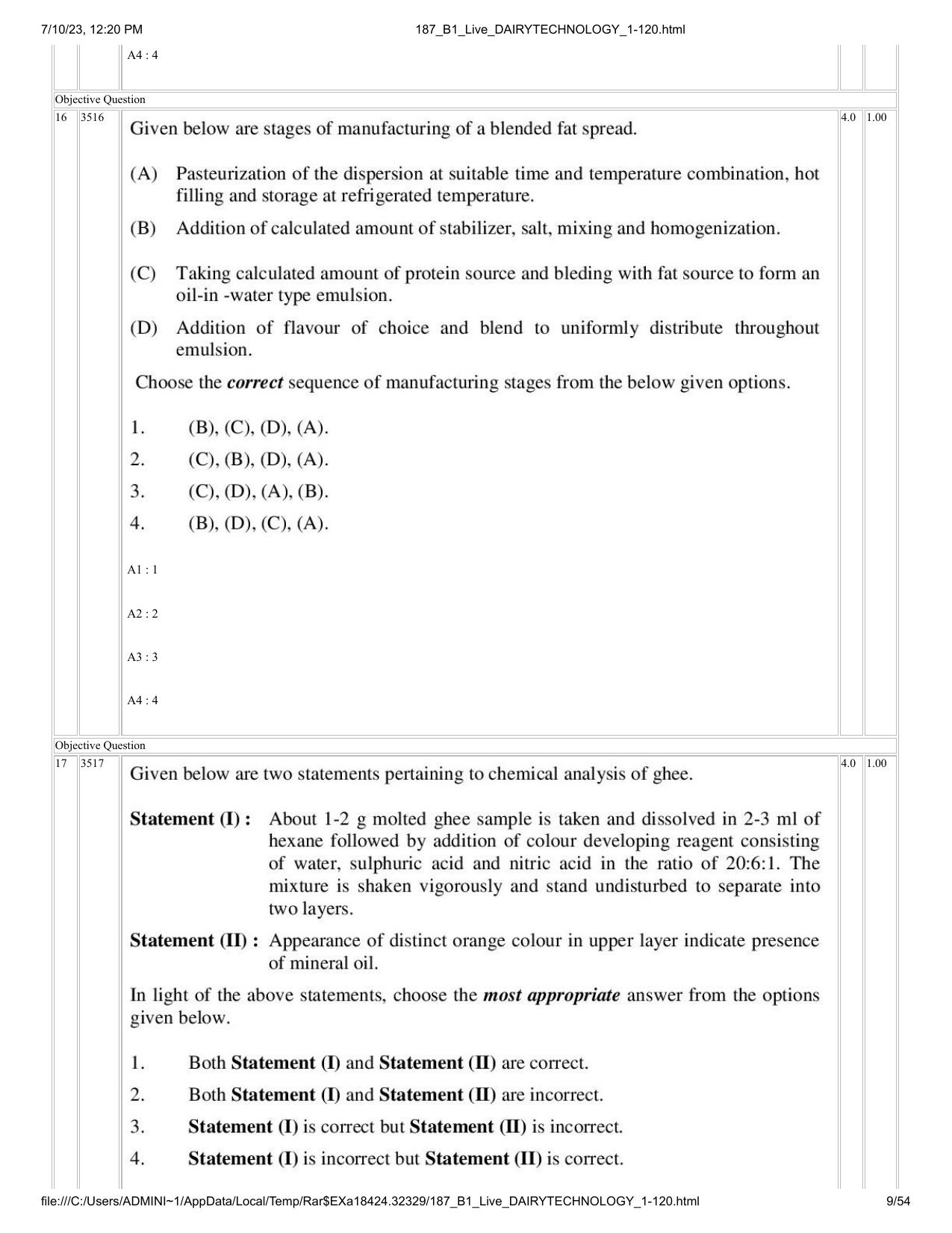 ICAR AIEEA PG 2023 DAIRY TECHNOLOGY Question Paper - Page 9