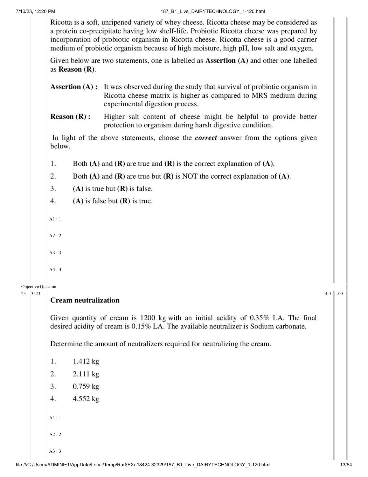 ICAR AIEEA PG 2023 DAIRY TECHNOLOGY Question Paper - Page 13