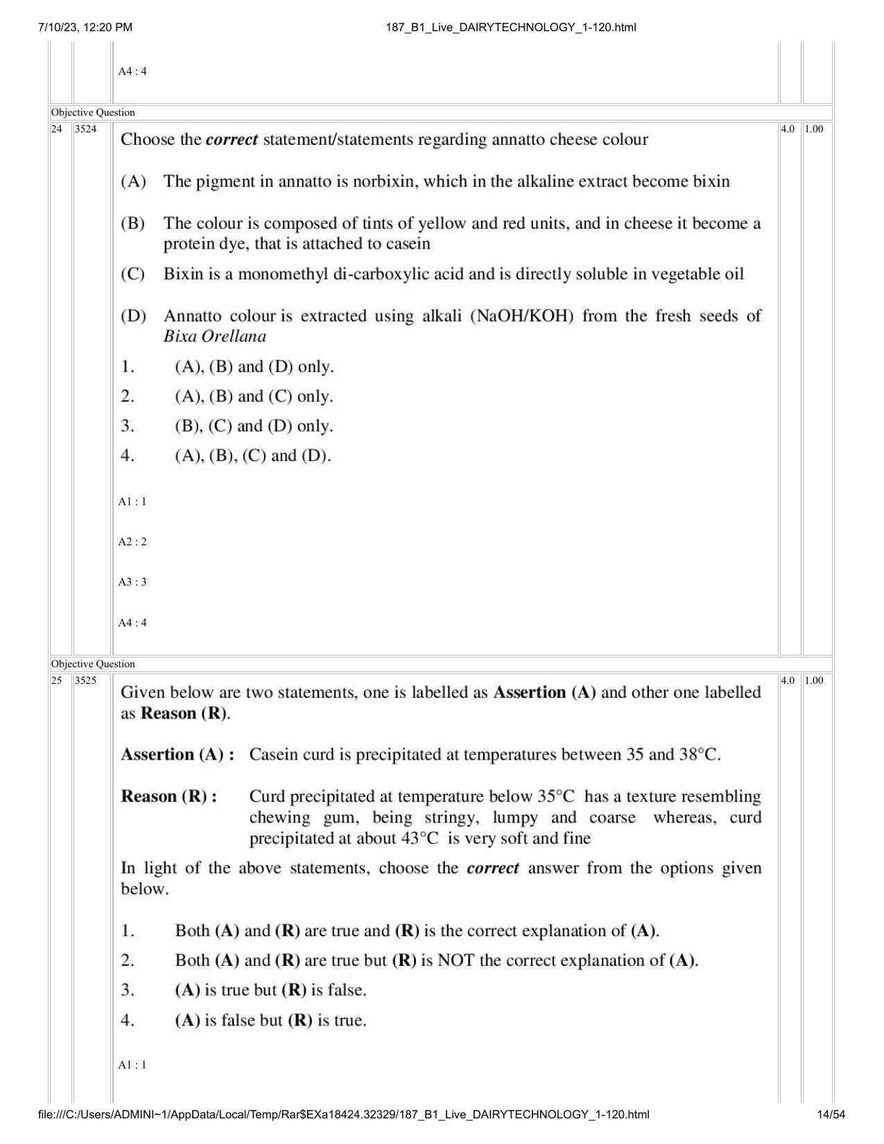 ICAR AIEEA PG 2023 DAIRY TECHNOLOGY Question Paper - Page 14