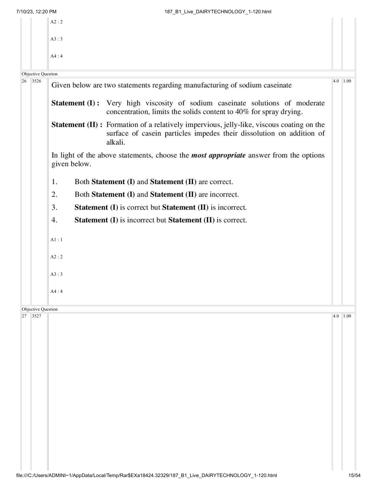 ICAR AIEEA PG 2023 DAIRY TECHNOLOGY Question Paper - Page 15