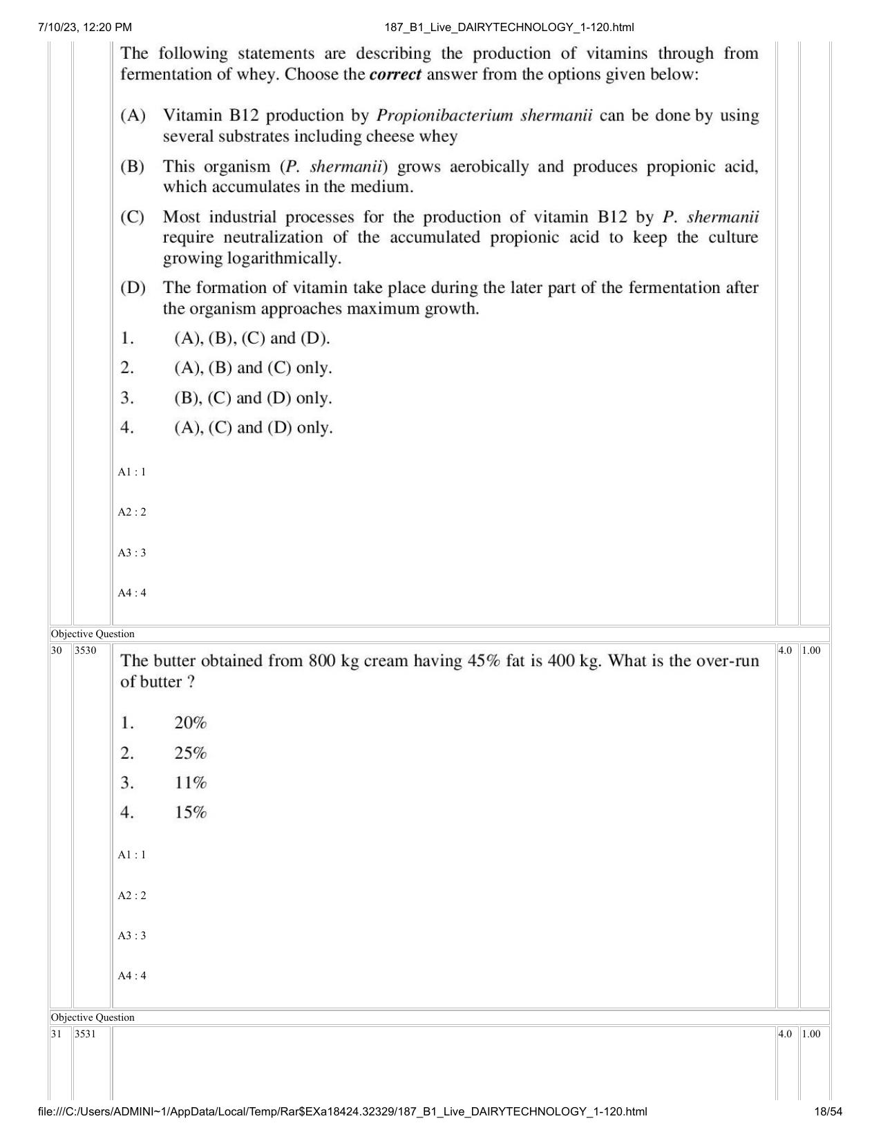 ICAR AIEEA PG 2023 DAIRY TECHNOLOGY Question Paper - Page 18