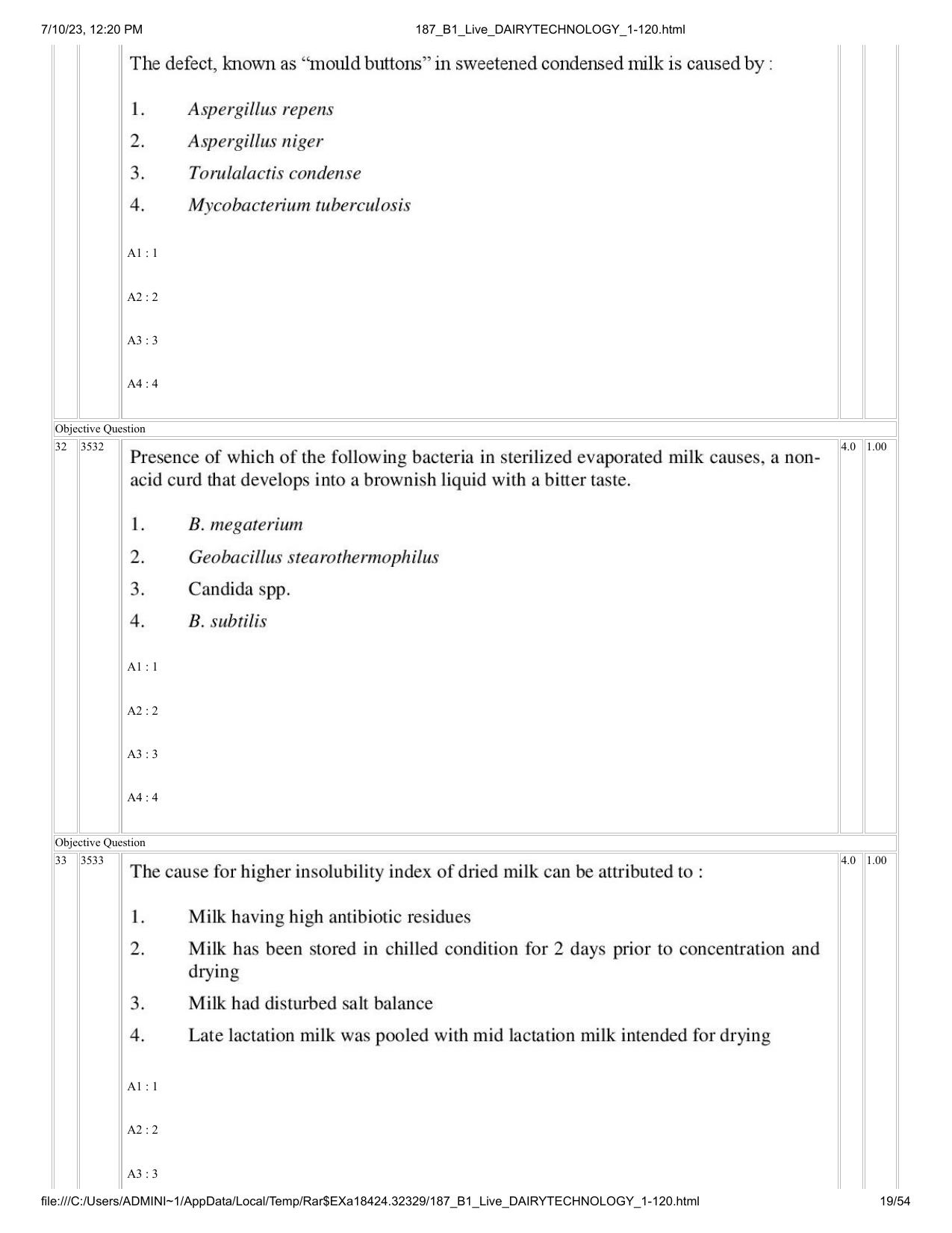 ICAR AIEEA PG 2023 DAIRY TECHNOLOGY Question Paper - Page 19