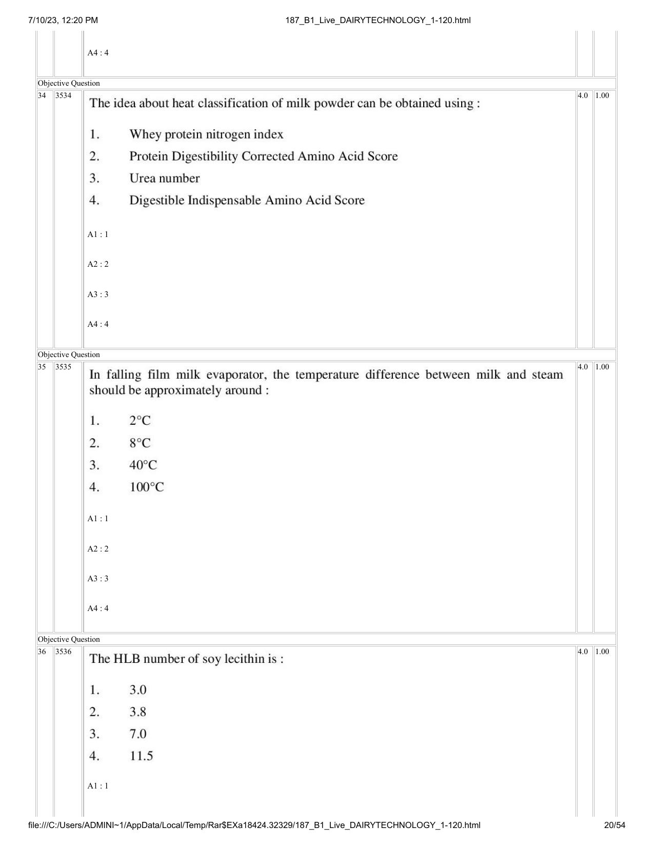 ICAR AIEEA PG 2023 DAIRY TECHNOLOGY Question Paper - Page 20