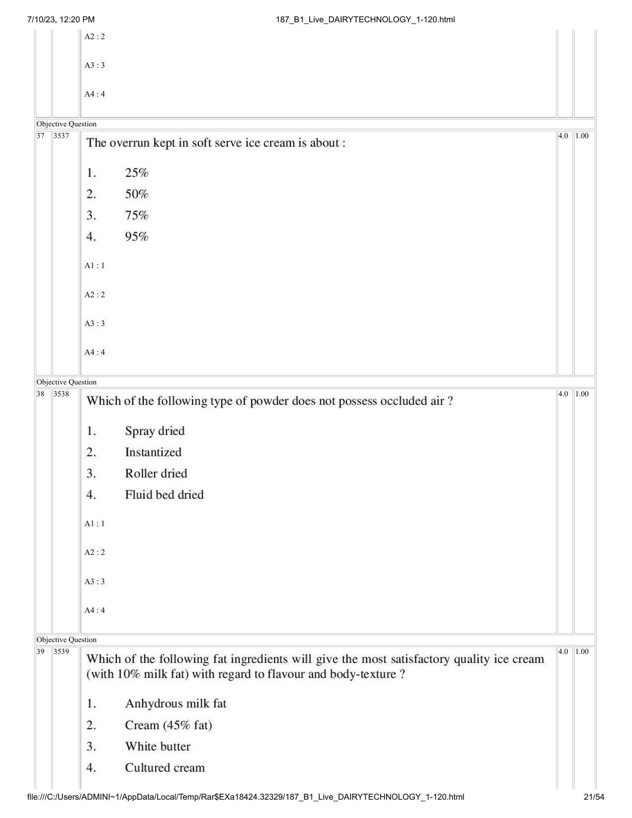ICAR AIEEA PG 2023 DAIRY TECHNOLOGY Question Paper - Page 21
