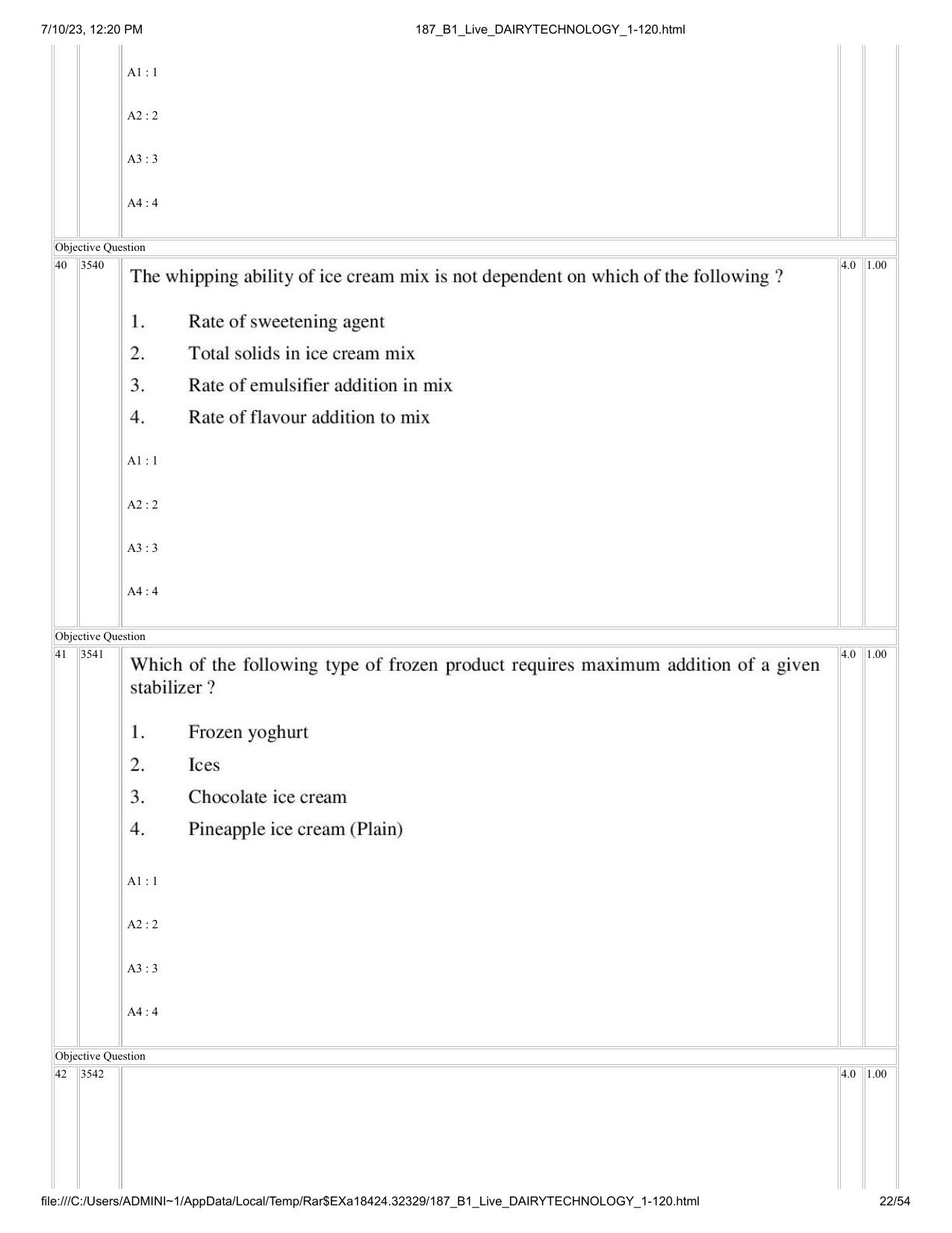 ICAR AIEEA PG 2023 DAIRY TECHNOLOGY Question Paper - Page 22