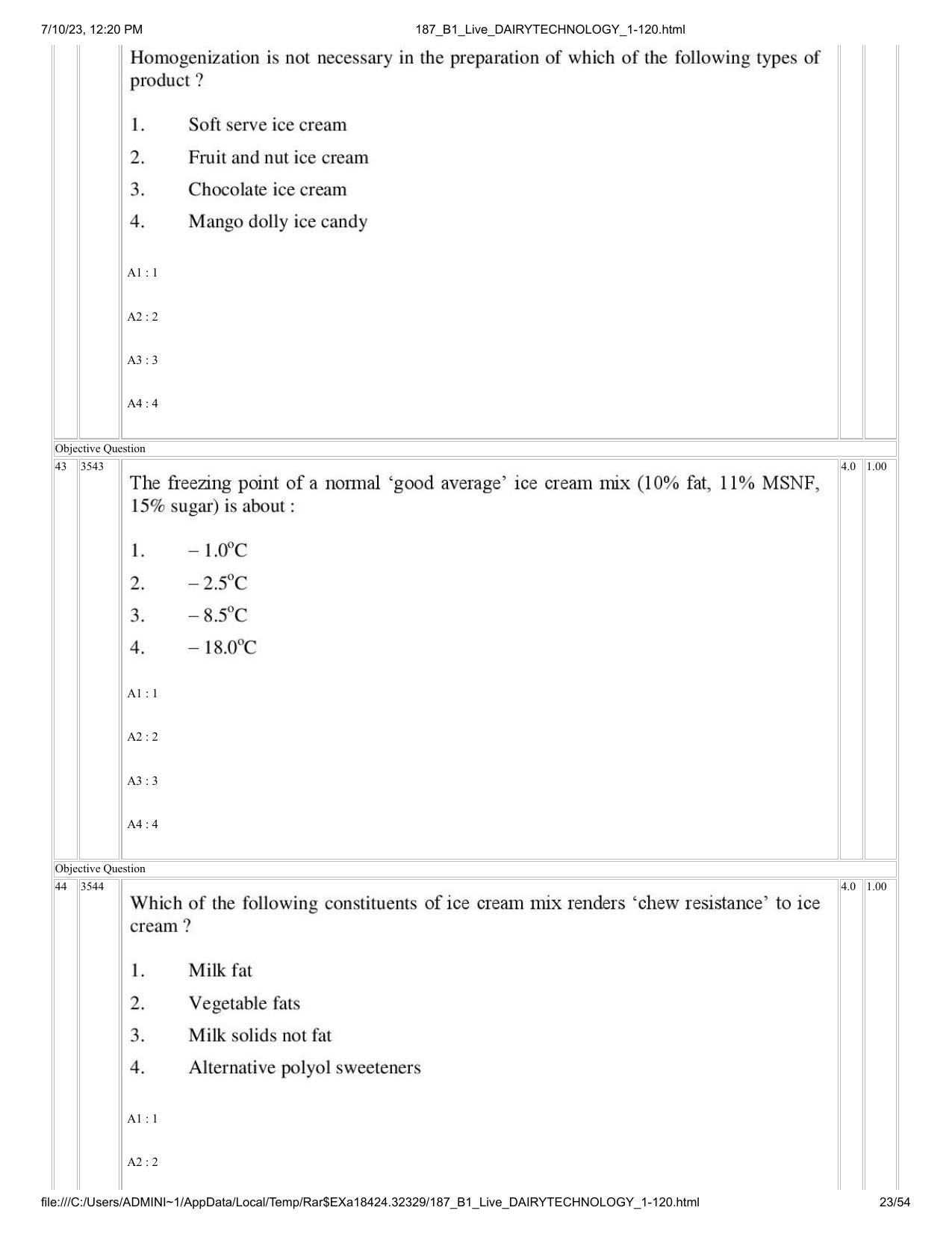 ICAR AIEEA PG 2023 DAIRY TECHNOLOGY Question Paper - Page 23