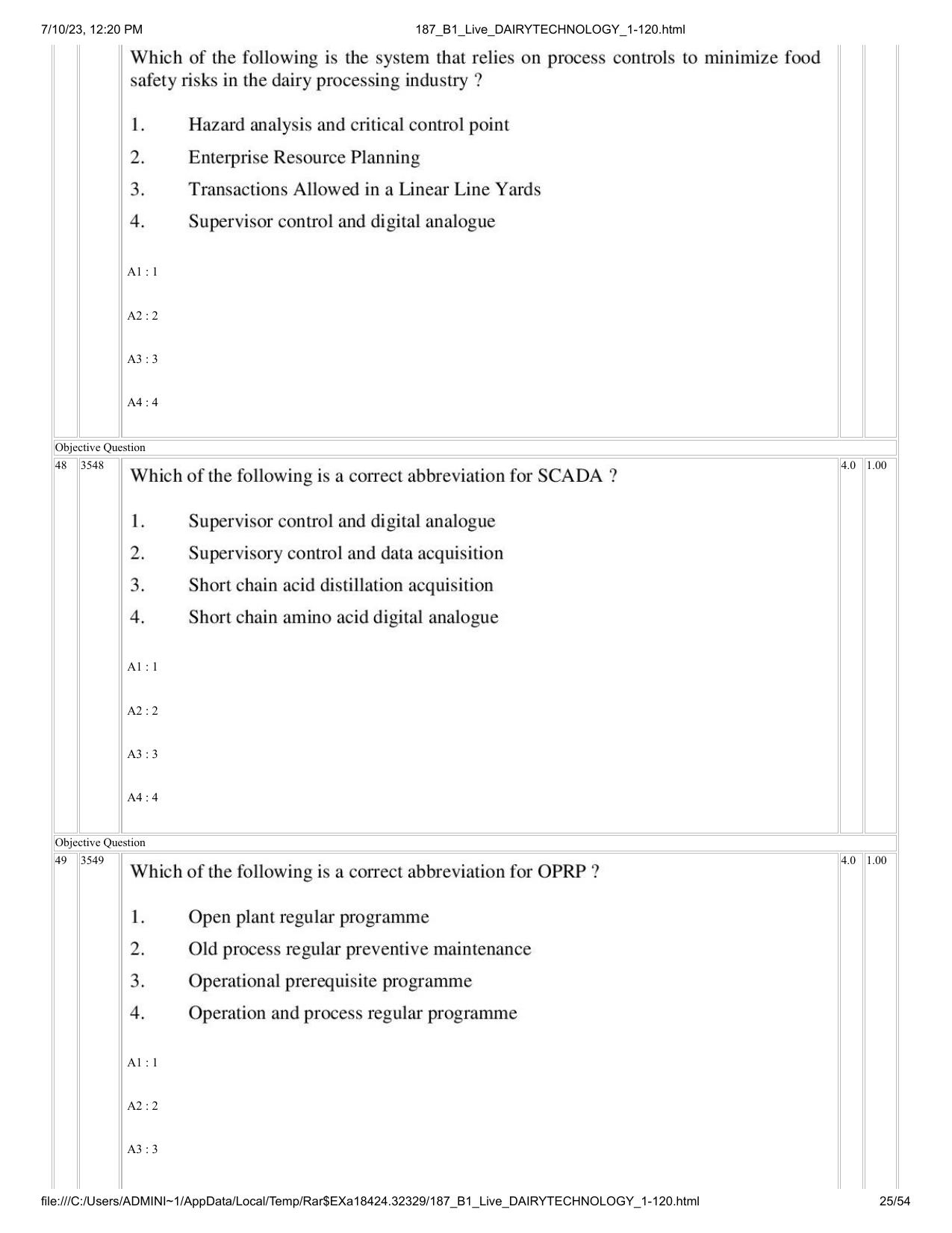 ICAR AIEEA PG 2023 DAIRY TECHNOLOGY Question Paper - Page 25