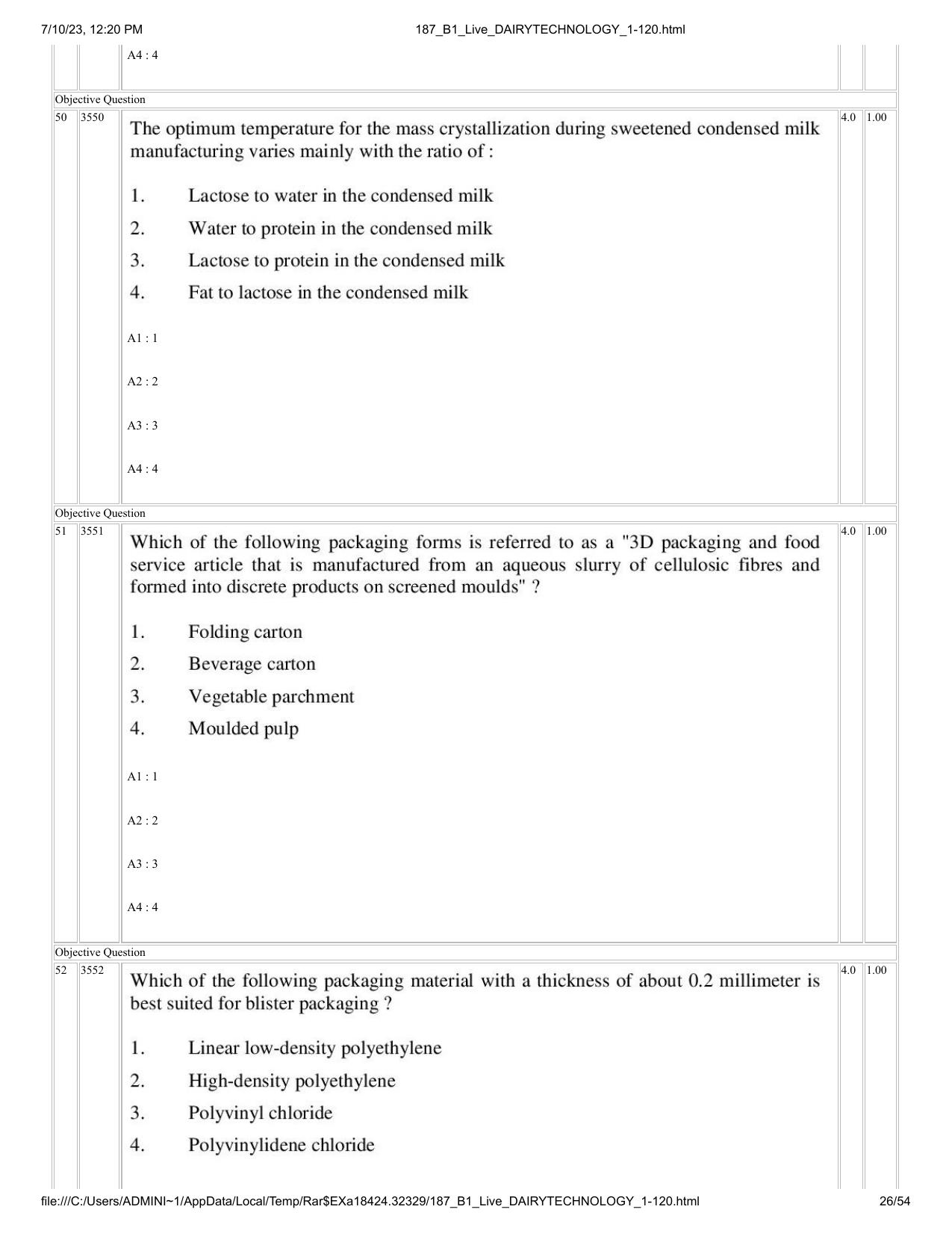 ICAR AIEEA PG 2023 DAIRY TECHNOLOGY Question Paper - Page 26