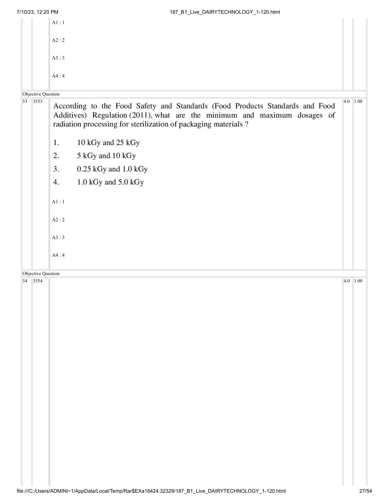 ICAR AIEEA PG 2023 DAIRY TECHNOLOGY Question Paper - Page 27