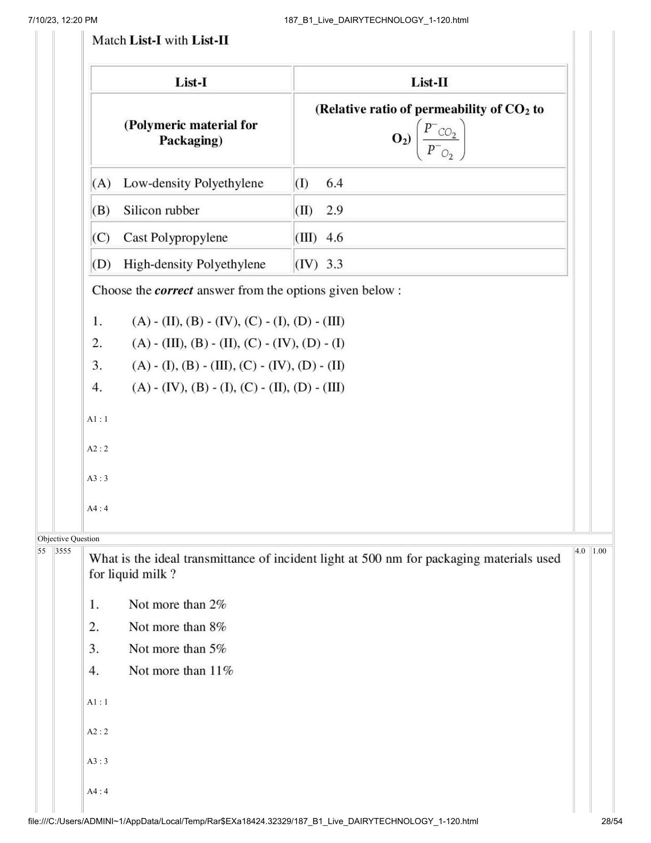 ICAR AIEEA PG 2023 DAIRY TECHNOLOGY Question Paper - Page 28