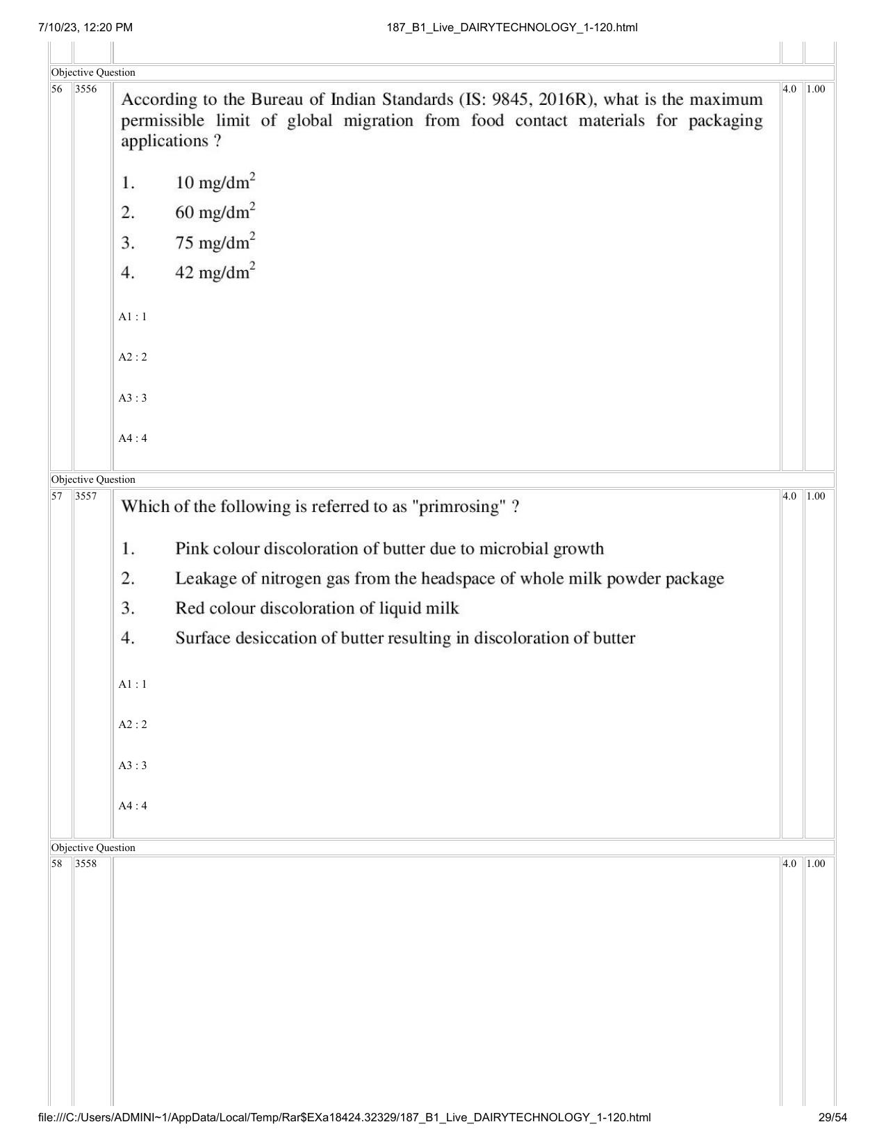 ICAR AIEEA PG 2023 DAIRY TECHNOLOGY Question Paper - Page 29
