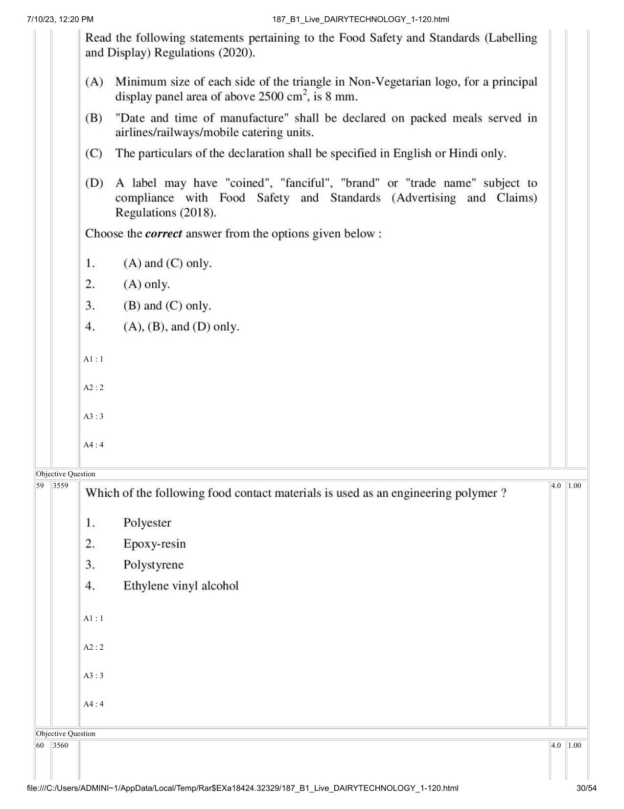 ICAR AIEEA PG 2023 DAIRY TECHNOLOGY Question Paper - Page 30