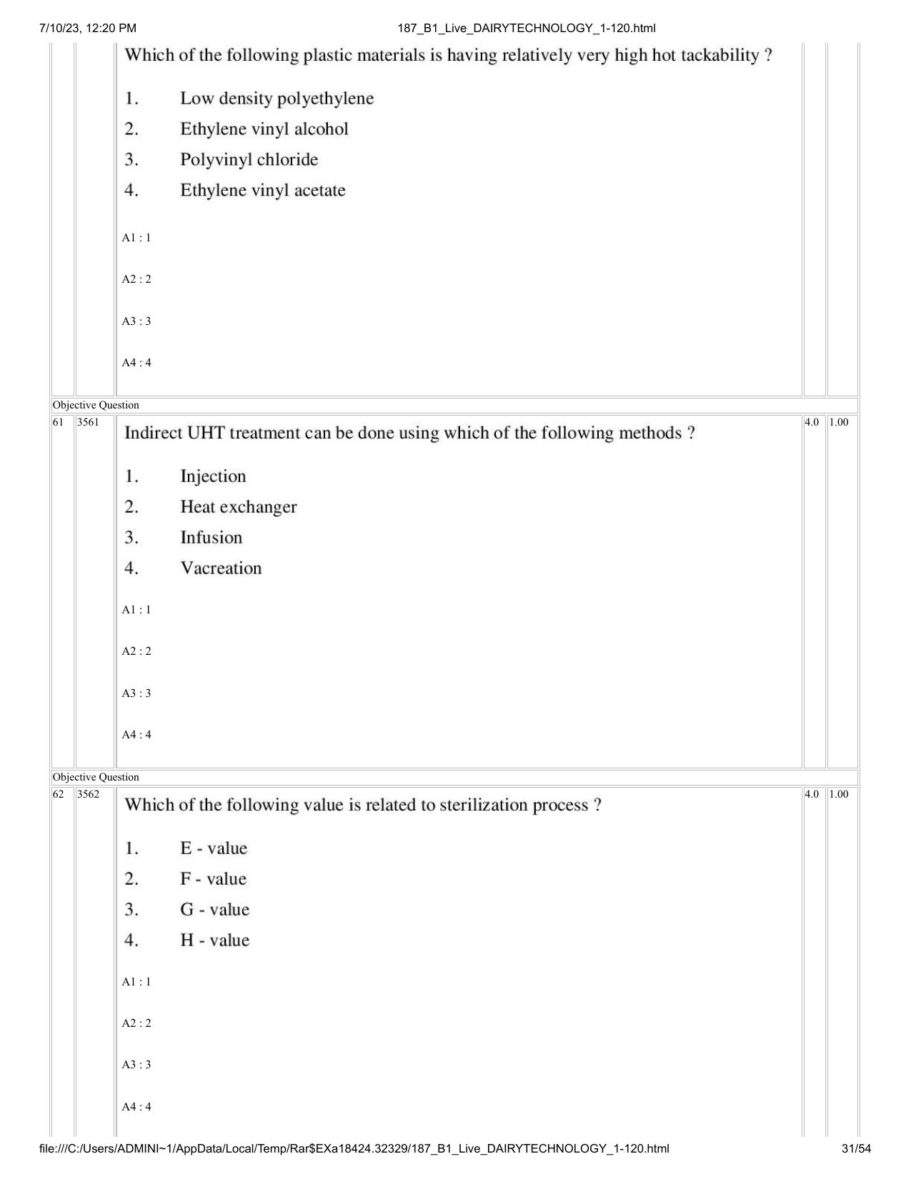 ICAR AIEEA PG 2023 DAIRY TECHNOLOGY Question Paper - Page 31